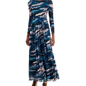 NWT Anne Klein Blue Ocean Multi Puff-Sleeve Maxi Dress Size M